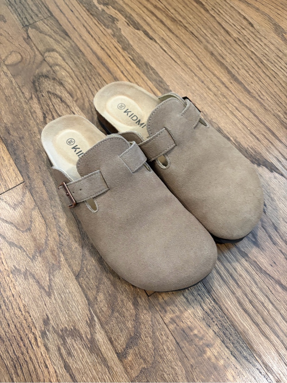 Kidmi Taupe Suede Slide Mules with Adjustable Buckle, NWOT